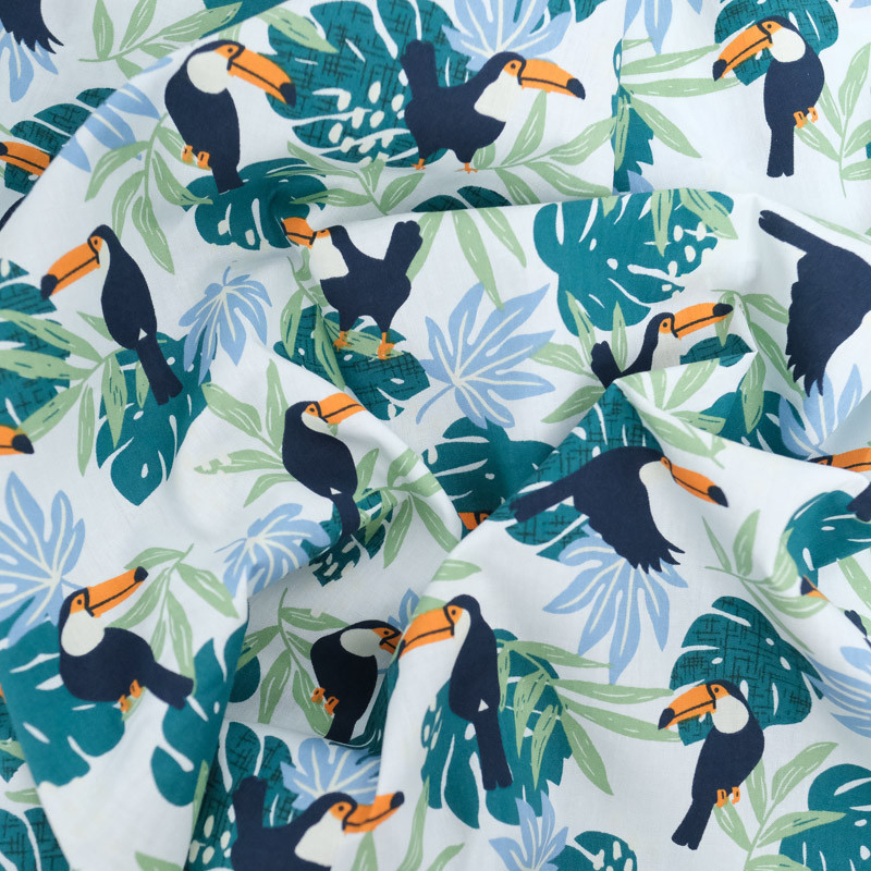 White Printed Poplin Blue and Green Tropical Pattern - Maison Klem
